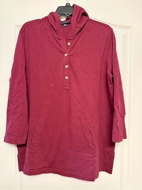 Lands’ End Women’s L 14-16 Burgundy Purple Tunic Hoodie Top Pockets Button Front